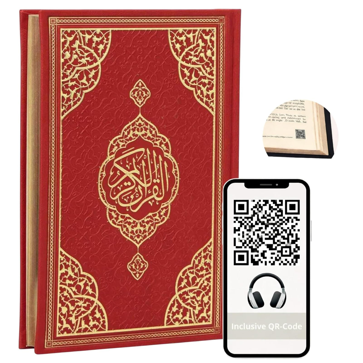 Koran auf Arabisch mit burgunderrotem Termo-Ledereinband und Goldschnitt, mit QR-Code-Audio