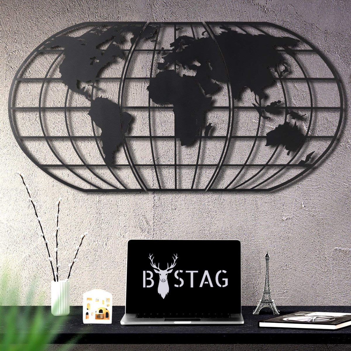 Weltkarten-Globe Schwarz – Metall-Wandkunst