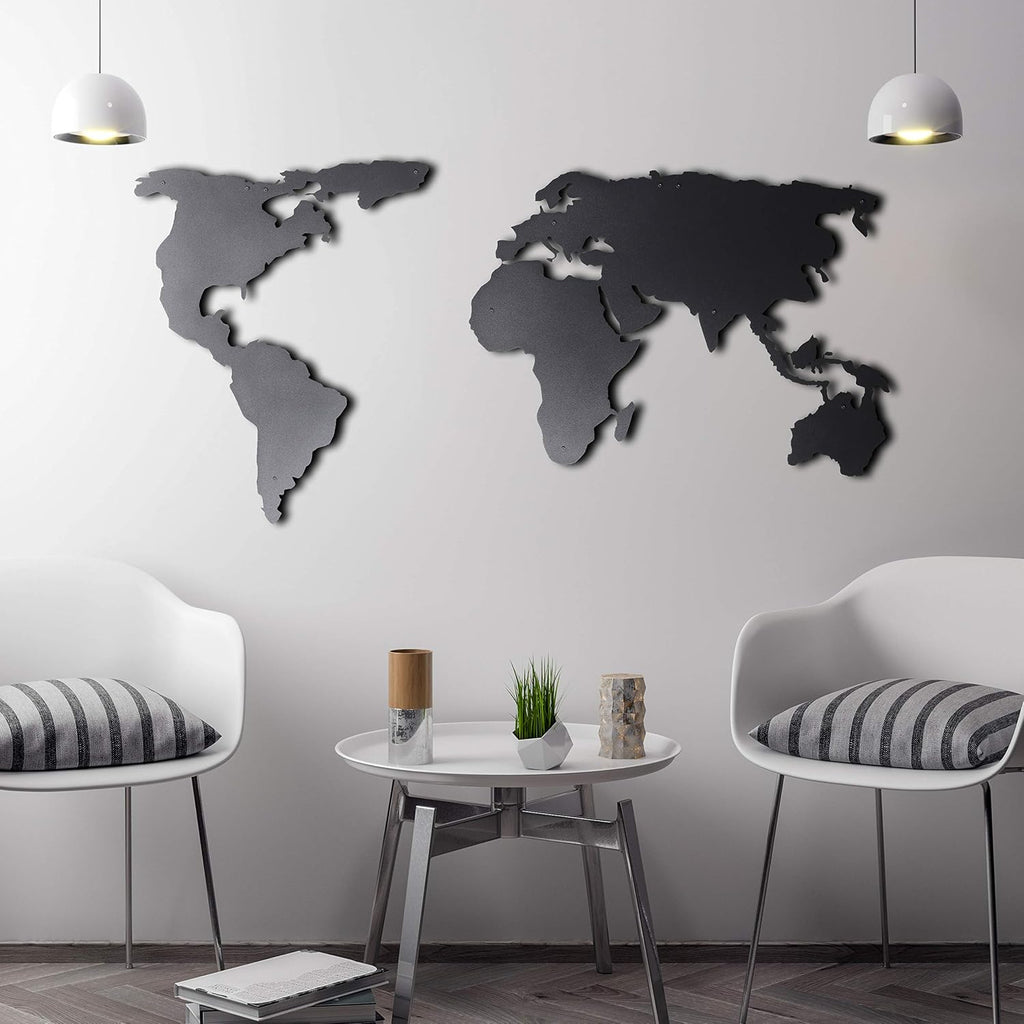 Weltkarten-Wandkunst, 100 % Metall, Weltkarte, 2D, Skulptur, groß und breit – Größe (60 x 119 cm) – Wandbehang für Wohnzimmer, Schlafzimmer, Schlafsaal (59,9 x 119,9 cm) (schwarz, (59,9 x 119,9 cm)
