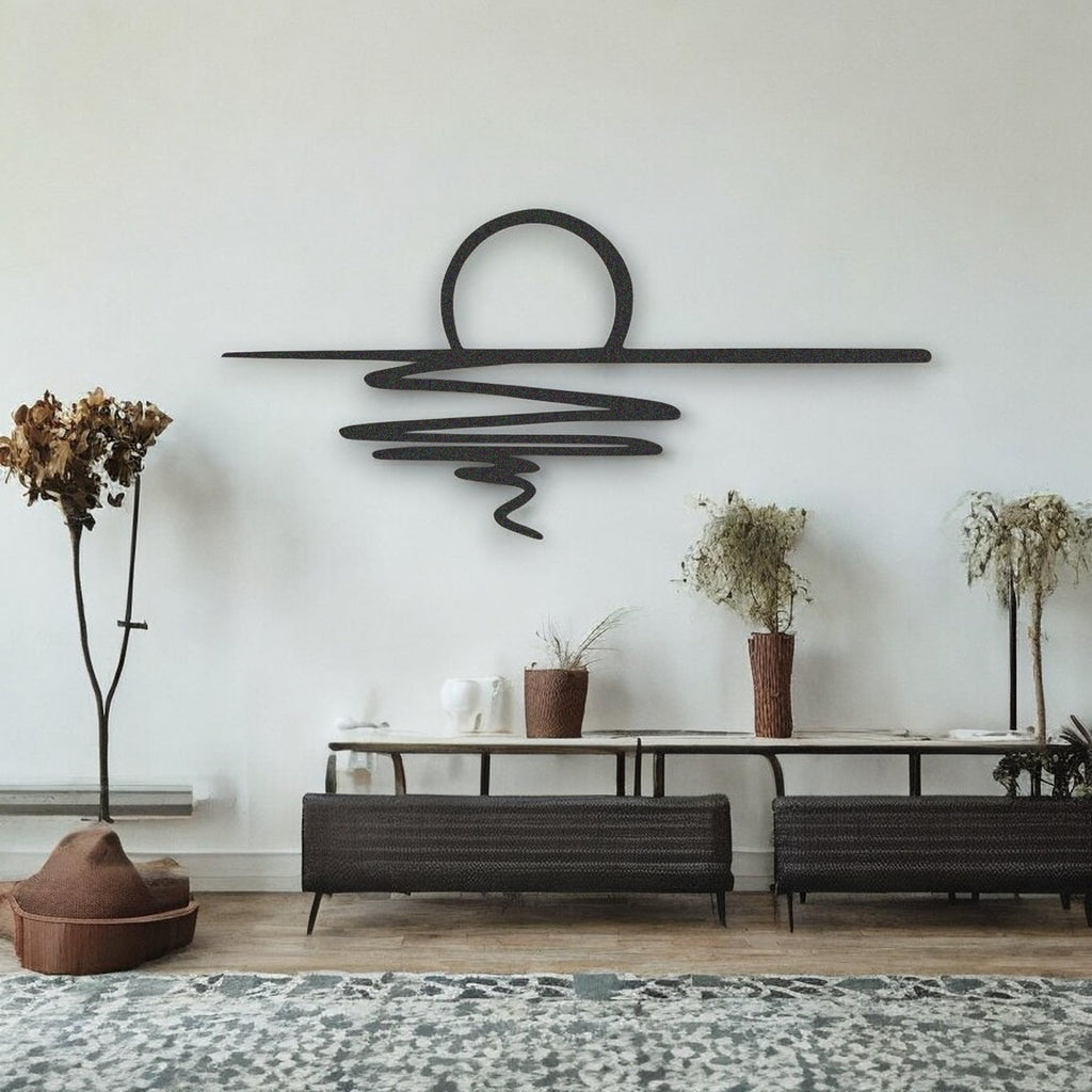 Tubibu Metall-Wandkunst – Sonnen-Glitzer-Wanddekoration – schwarze minimalistische Linienkunst – Sonnenaufgang-Wandbehang für Wohnzimmer, Schlafzimmer, Einweihungsgeschenk im Freien (XXL)
