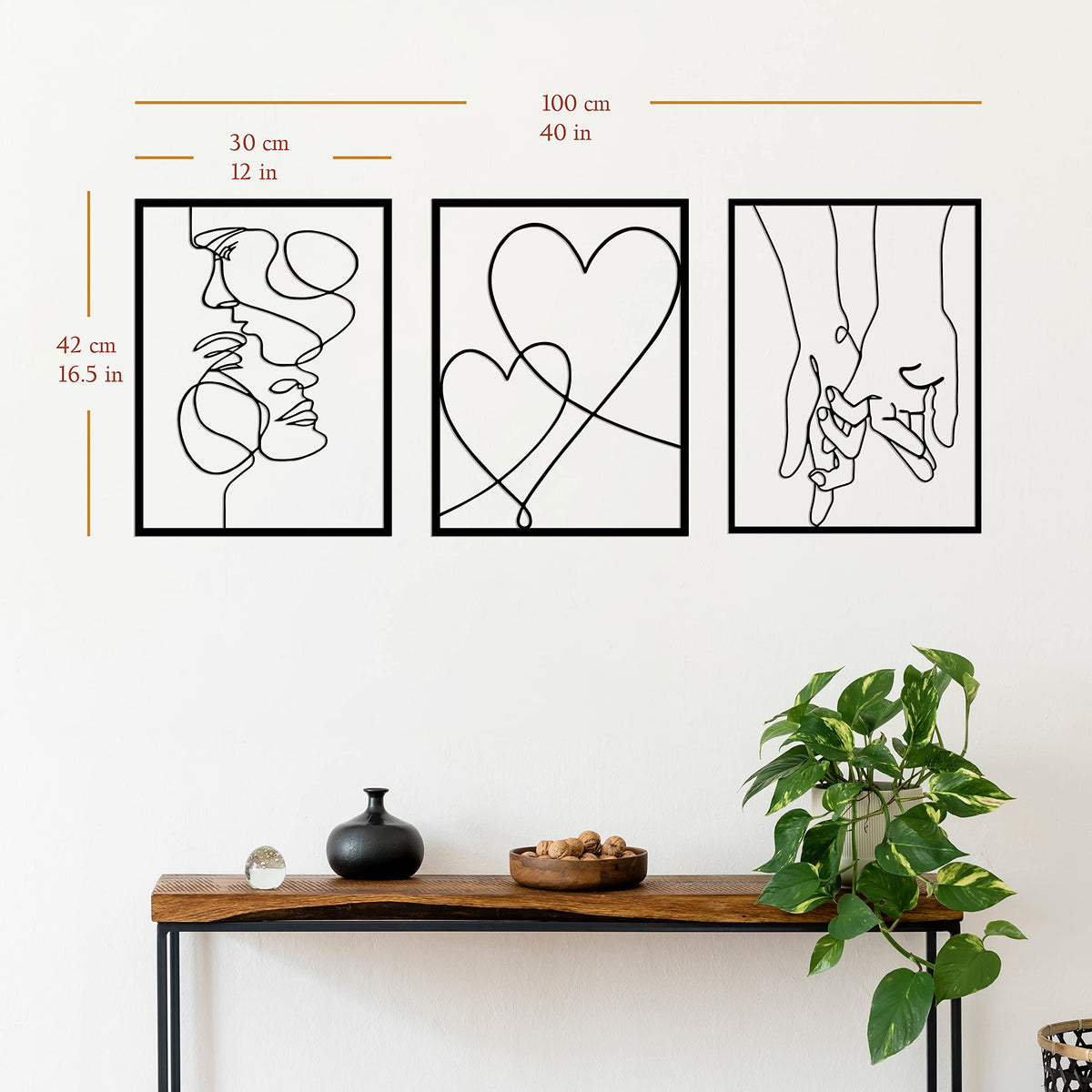 Tubibu Moderne Wandkunst aus Metall, 3 Stück, 100% Metall – Metallische Wanddekoration, Wandbehang für Wohnzimmer, Schlafzimmer, Schlafsaal, Heimwandskulpturen (Schwarzes Paar, klein)
