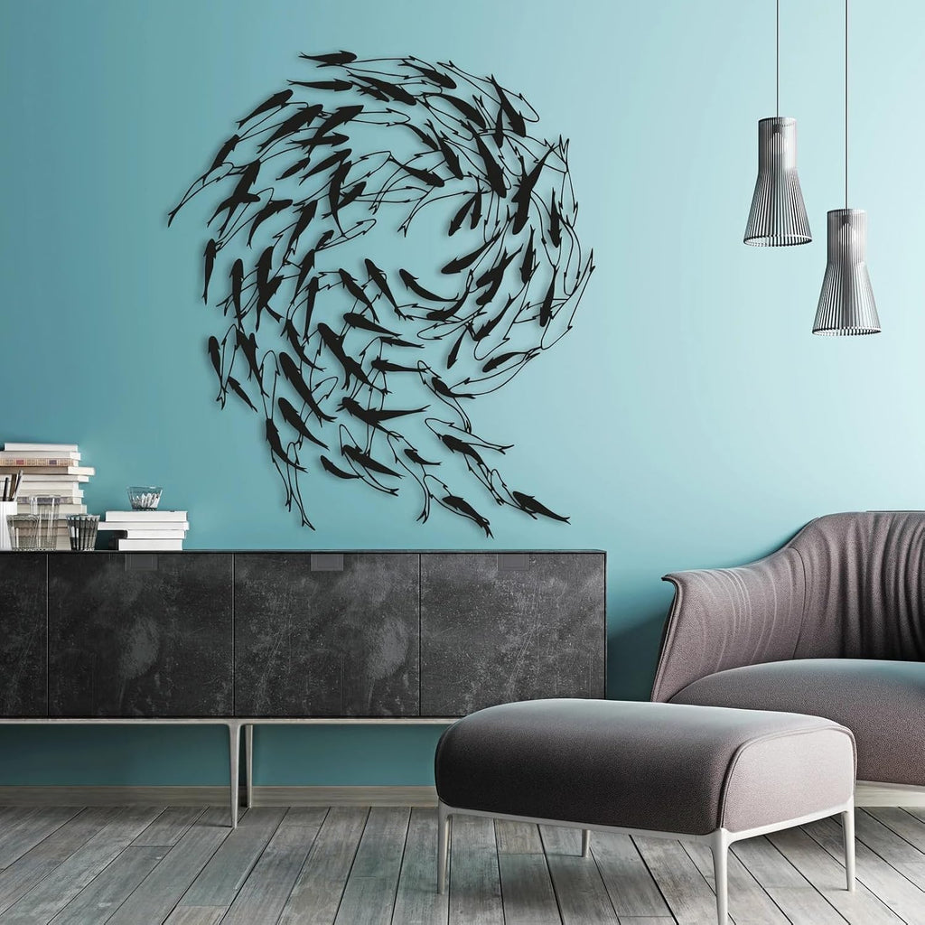 Tubibu Metall Fisch Wanddeko – Schwarze Fischfamilie Wandkunst im maritimen Stil – Moderne Wand Skulptur für Wohnzimmer, Bad, Garten, Balkon oder Terrasse (100x87)