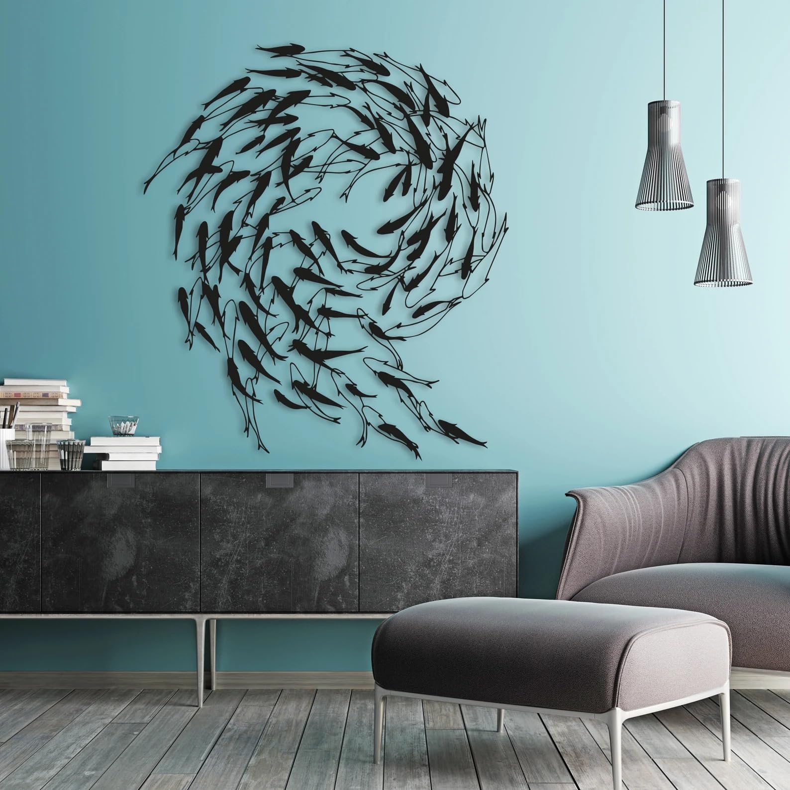 Tubibu Metall Fisch Wanddeko – Schwarze Fischfamilie Wandkunst im maritimen Stil – Moderne Wand Skulptur für Wohnzimmer, Bad, Garten, Balkon oder Terrasse (100x87)