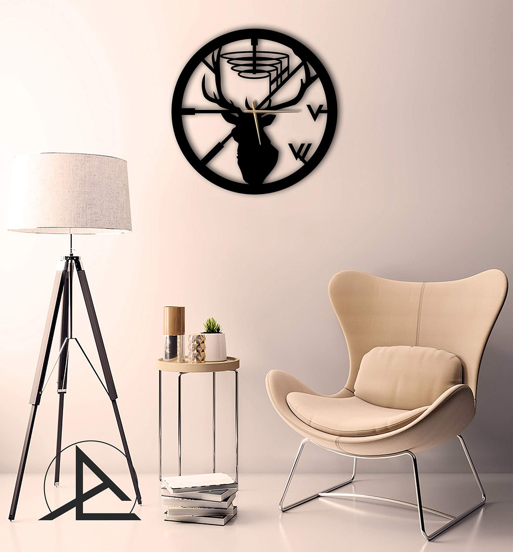 Wanduhr Hirsch – Einzigartiges Design, Metall, Wanddekoration, modernes industrielles geräuschloses Uhrwerk, 50 x 50 cm (B x H)