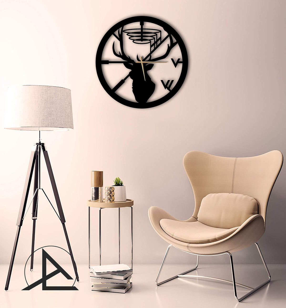 Wanduhr Hirsch – Einzigartiges Design, Metall, Wanddekoration, modernes industrielles geräuschloses Uhrwerk, 50 x 50 cm (B x H)