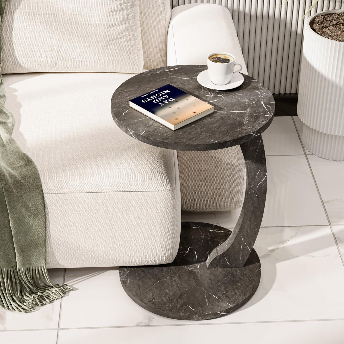 Beistelltisch C-Form Marmor-Schwarz
