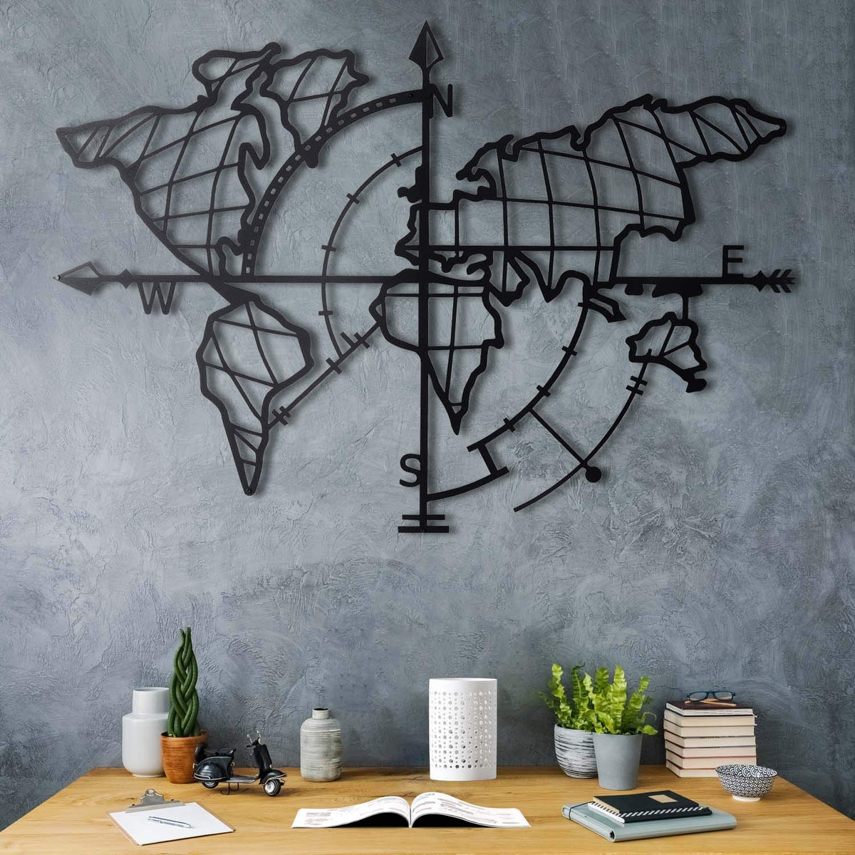 Weltkarte mit Kompass Schwarz – Metall-Wandkunst