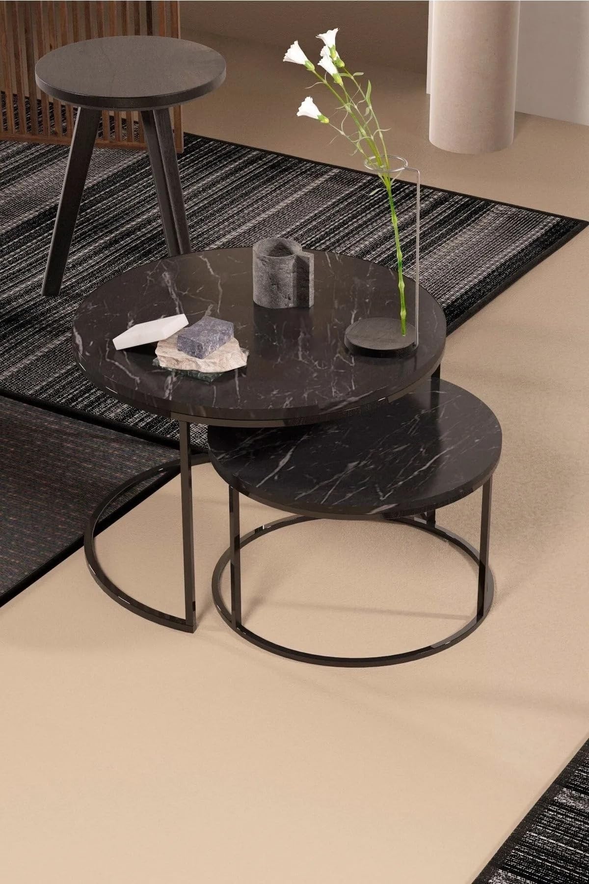 Couchtisch-Set Marmoroptik Schwarz im Wohnzimmer