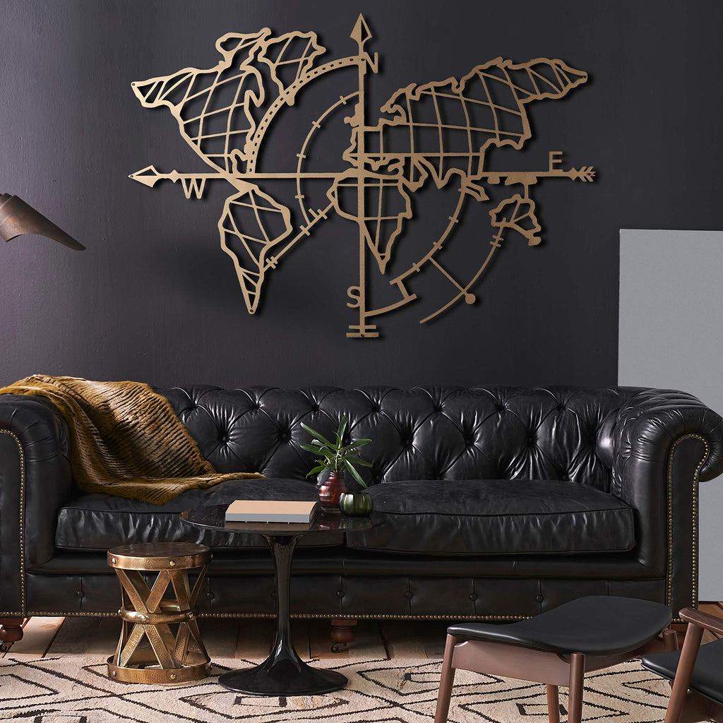 Weltkarte mit Kompass Gold – Metall-Wandkunst