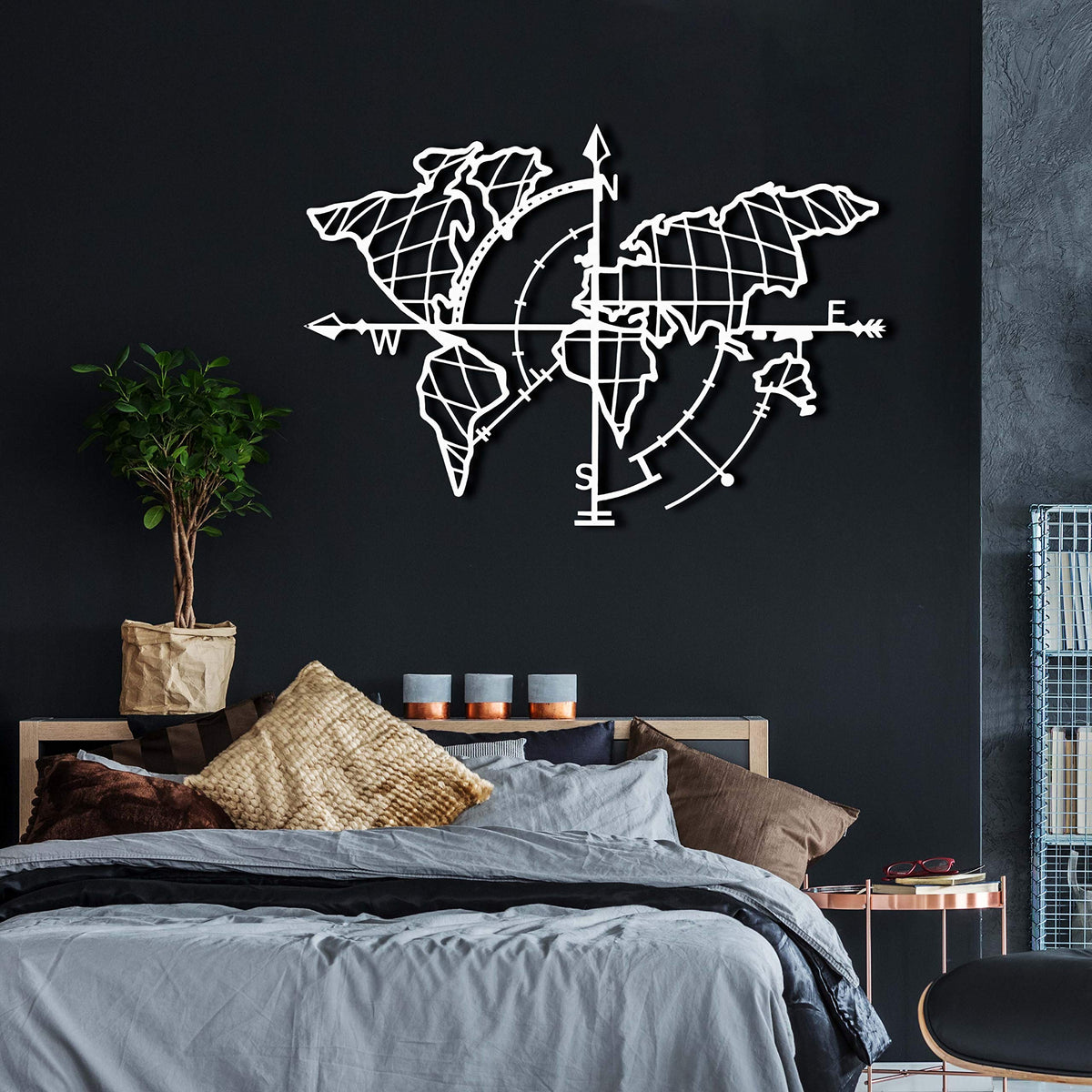 Weltkarte mit Kompass Weiß – Metall-Wandkunst