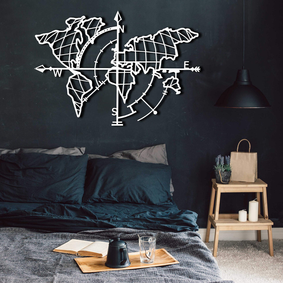 Weltkarte mit Kompass Weiß – Metall-Wandkunst