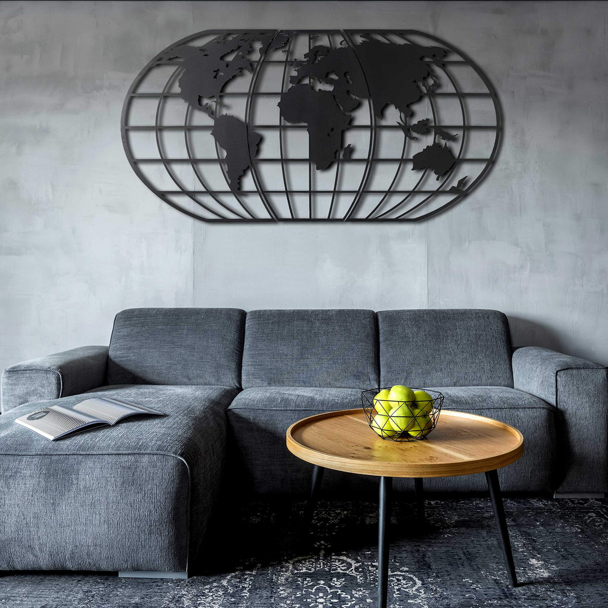 Weltkarten-Globe Schwarz – Metall-Wandkunst
