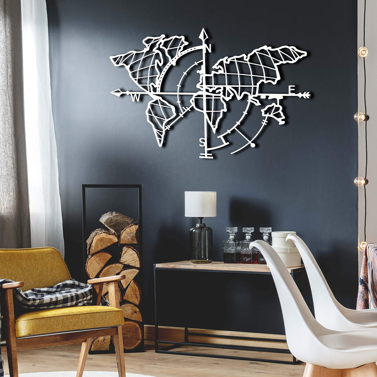 Weltkarte mit Kompass Weiß – Metall-Wandkunst