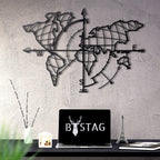 Weltkarte mit Kompass Schwarz Metall-Wandkunst