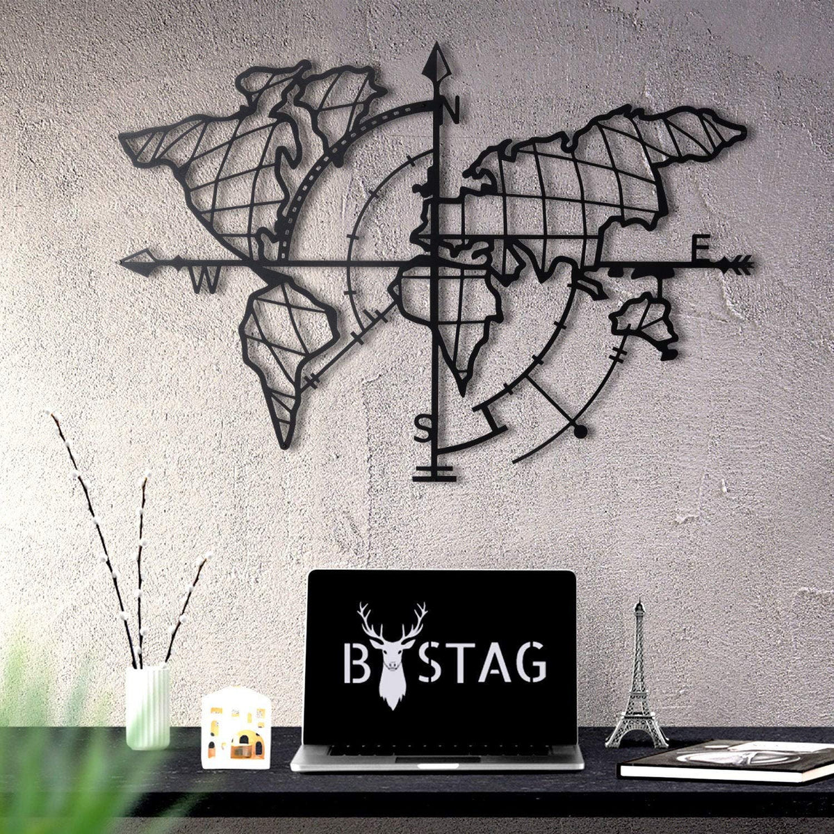 Weltkarte mit Kompass Schwarz Metall-Wandkunst