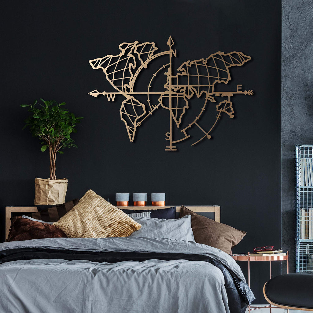 Weltkarte mit Kompass Gold – Metall-Wandkunst