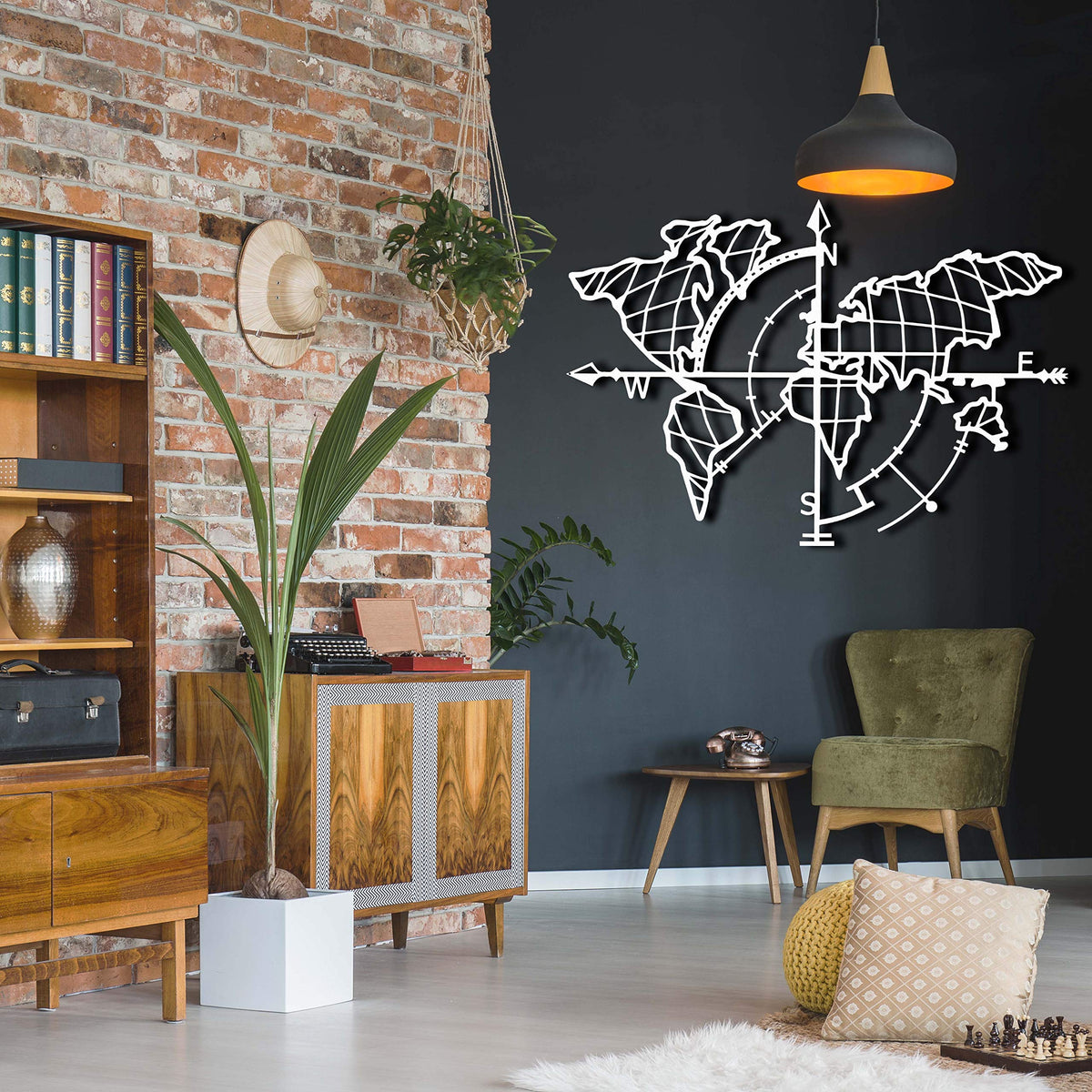 Weltkarte mit Kompass Weiß – Metall-Wandkunst