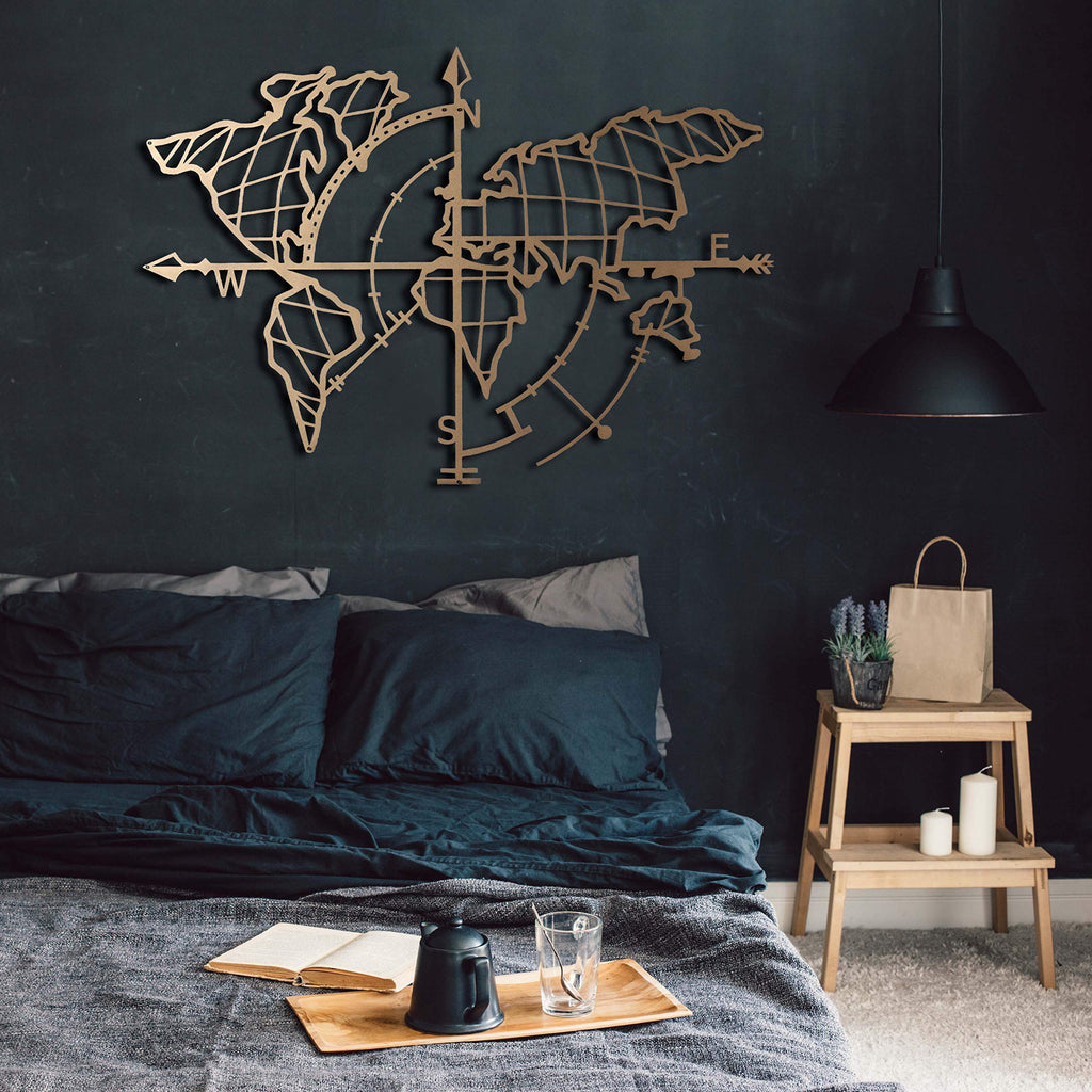 Weltkarte mit Kompass Gold – Metall-Wandkunst
