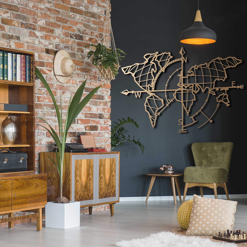 Weltkarte mit Kompass Gold – Metall-Wandkunst