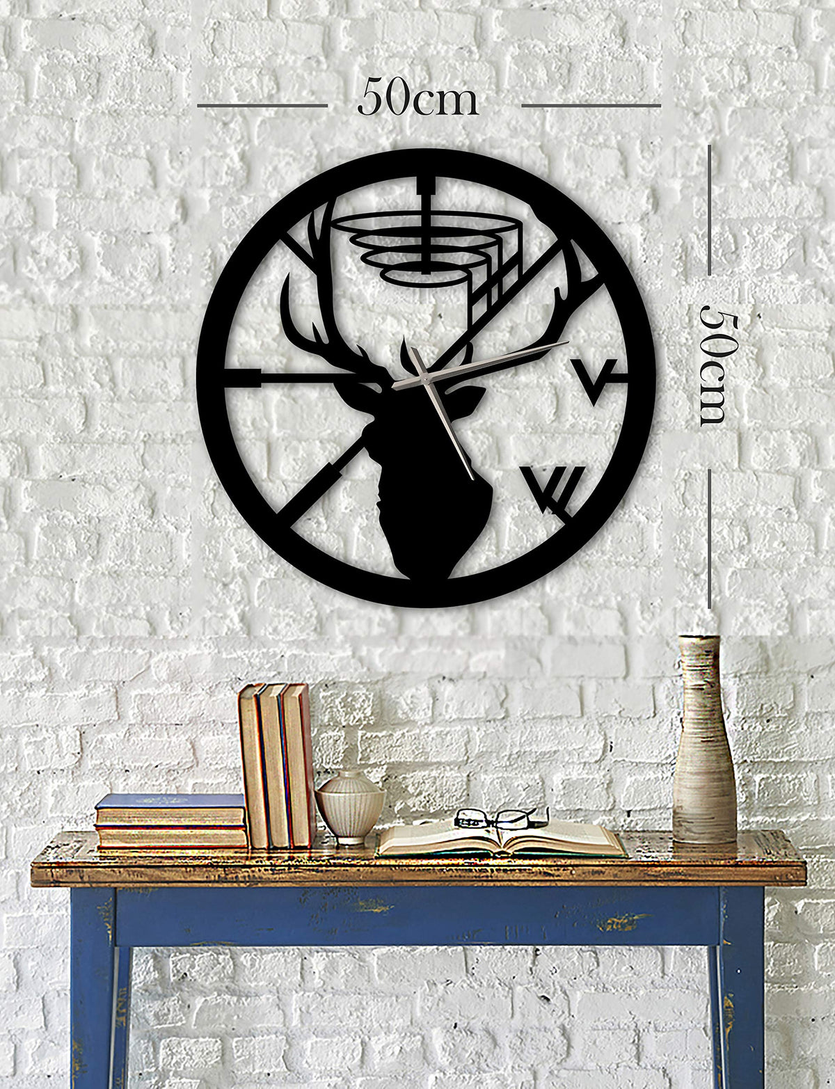 Wanduhr Hirsch – Einzigartiges Design, Metall, Wanddekoration, modernes industrielles geräuschloses Uhrwerk, 50 x 50 cm (B x H)