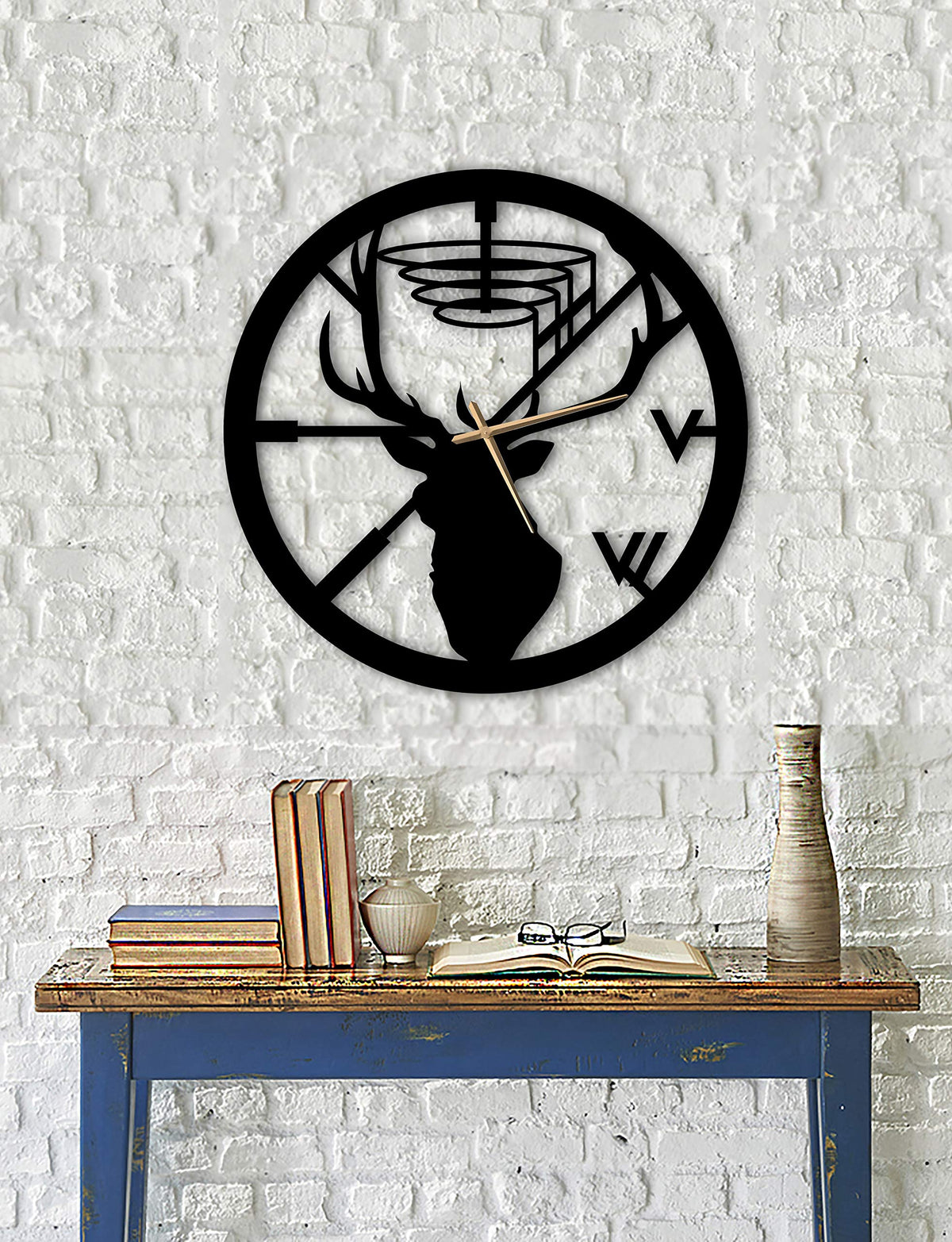 Wanduhr Hirsch – Einzigartiges Design, Metall, Wanddekoration, modernes industrielles geräuschloses Uhrwerk, 50 x 50 cm (B x H)