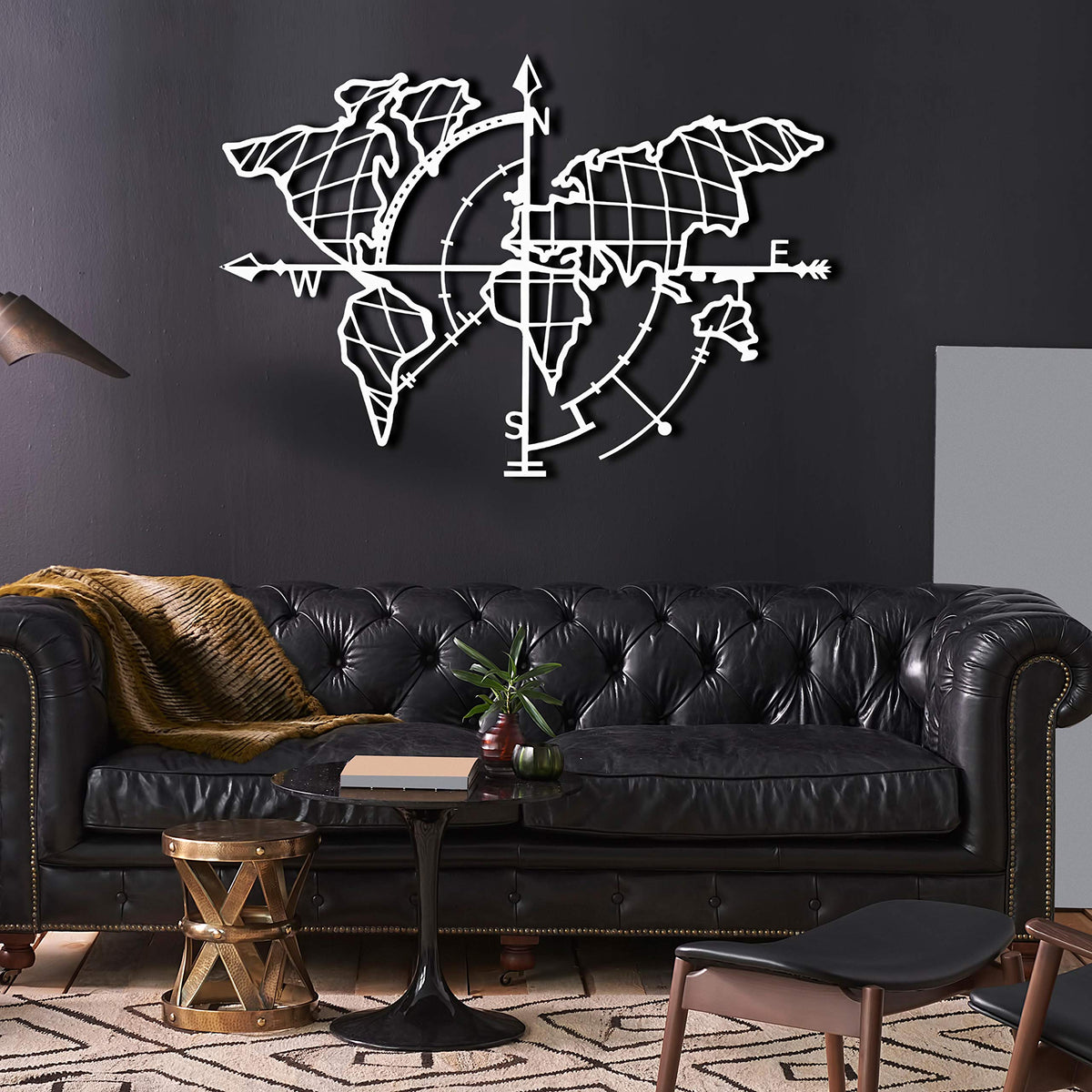 Weltkarte mit Kompass Weiß – Metall-Wandkunst
