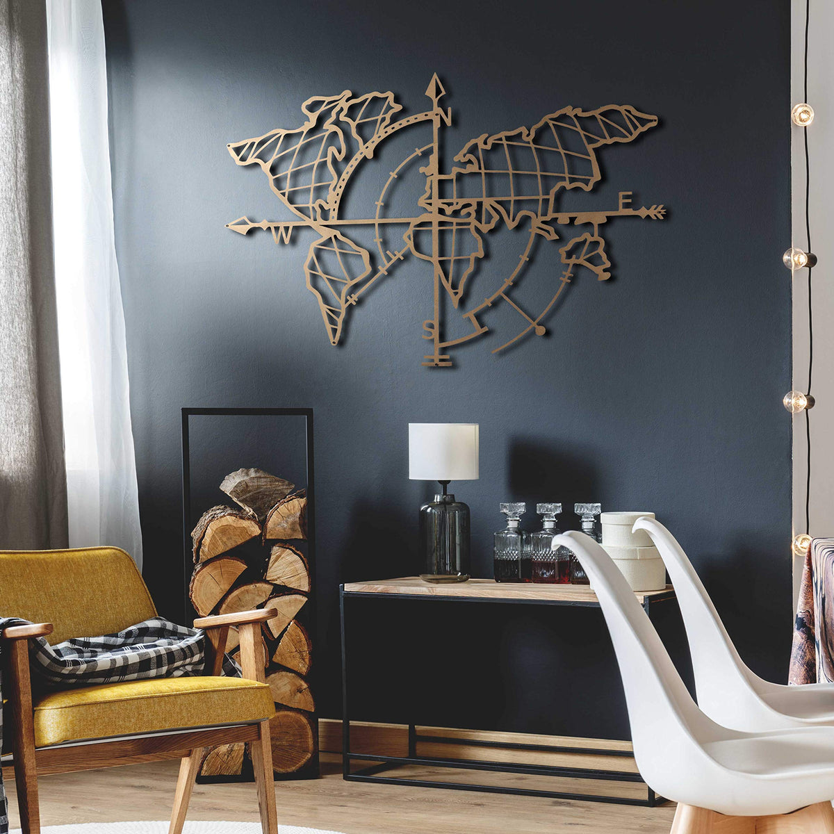 Weltkarte mit Kompass Gold – Metall-Wandkunst