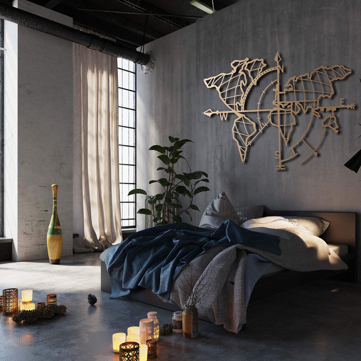 Weltkarte mit Kompass Gold – Metall-Wandkunst